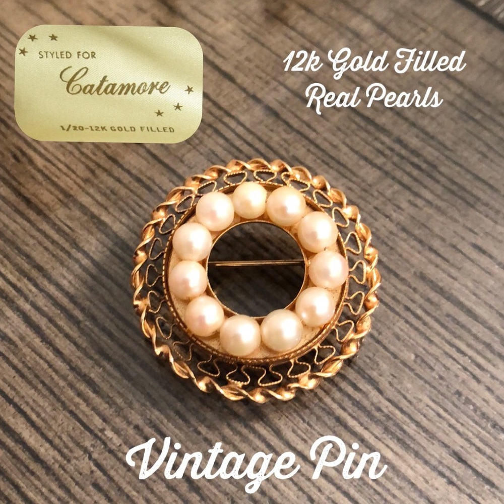 Vintage 12k Gold Filled, Real Pearl Filigree Circle Pin